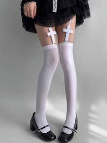 1/2 paires de bas cuissardes gothiques à croix, chaussettes noires/blanches souples et extensibles auto-tenant au-dessus du genou pour Lolita, rue, fête & port quotidien - Multicolore - Voir 4
