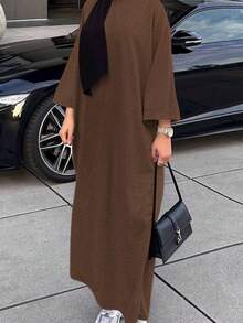 Women's Autumn Brown Knit Long Robe, V-Neck Batwing Sleeve, Long Split Design - Coffee Brown - View 4