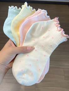 7/4/1 Pair Random Style Women's Polka Dot Ruffle Trim Short Socks, Sweet JK Style Ruffle Cuff Mid-Calf Socks, Comfortable And Breathable, Suitable For Daily Casual Wear - Multicolor - View 3