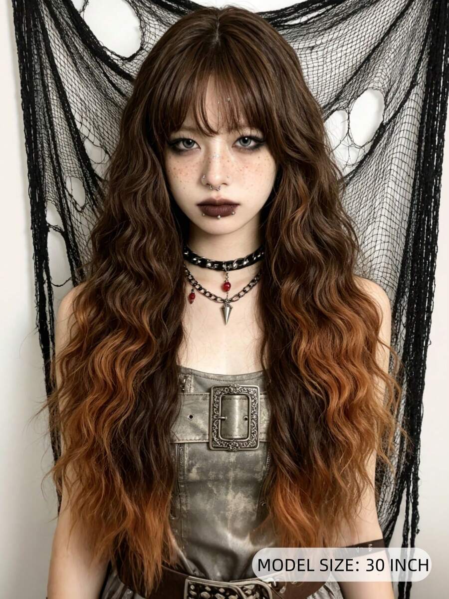 30 Inch Brown To Dark Brown Long Wavy Wig With Air Bangs, Heat Resistant Synthetic Curly Hair Wig For Women Daily Cosplay Party - Blonde Ombre - View 1