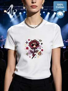 Dark Rose Mysterious Retro Baroque Pure Cotton Flame Red Rose And Lightning Print Women's Short Sleeve Party Gathering Spring/Summer - 白色 - 查看 2