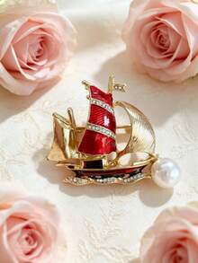 1pc Sculpted Sailing Vessel Brooch, Nautical Motif, Old-World Retro Style, Unisex Coat Pin, Ceremony & Daily Styling, Fall OOTD Jewelry Ornament - Red Sailboat Model a - View 2