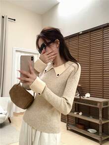 Vintage Patchwork Contrast Color Polo Collar Casual Versatile Slim Fit Long Sleeve Knit Top - Apricot - View 5