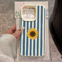 1 buah Casing Ponsel Bahan TPU Motif Bunga Matahari Garis Biru Kompatibel dengan iPhone 17 Pro Max/17/16 Pro Max/15/13/12/11/ S20 FE/A15/S24/A55/ Note 11/Note 12/Note 13 Pro Pelindung Ponsel Soft Shell Anti-Jatuh Cakupan Penuh - Putih - View 1