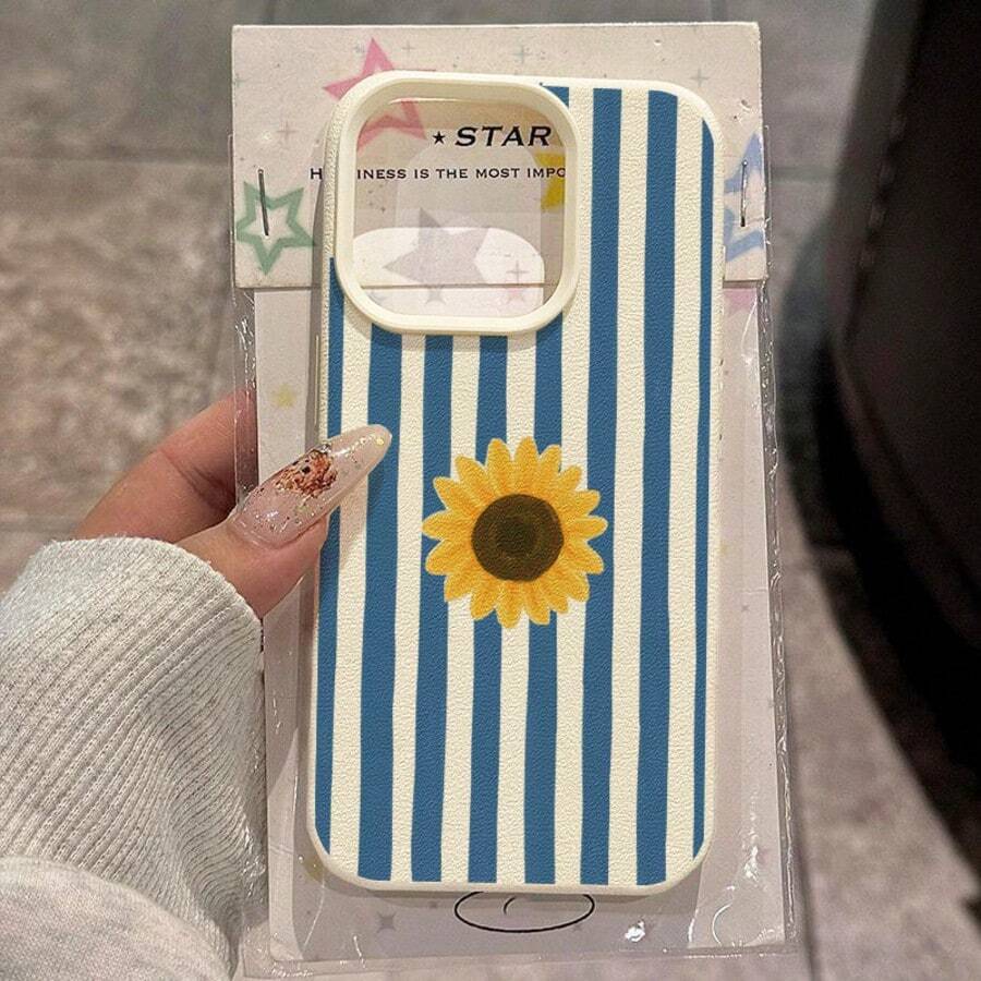 1 buah Casing Ponsel Bahan TPU Motif Bunga Matahari Garis Biru Kompatibel dengan iPhone 17 Pro Max/17/16 Pro Max/15/13/12/11/ S20 FE/A15/S24/A55/ Note 11/Note 12/Note 13 Pro Pelindung Ponsel Soft Shell Anti-Jatuh Cakupan Penuh - Putih - View 1
