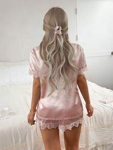 2pcs Women's Solid Color Satin Lace Trim Short Sleeve Collared Top And Bow Shorts Pajama Set - Pink - View 2