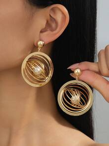 Gold Hollow Bird Nest Pearl Earrings | 3D Geometric Line Design | European And American Exaggerated Personalized Ear Jewelry - Gold - View 2