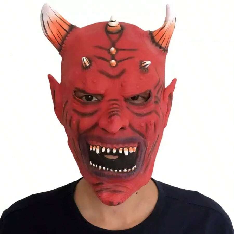 1件紅色惡魔乳膠全頭面具附角,恐怖惡魔怪物面具配尖牙,萬聖節恐怖角色扮演化裝面具,適合成人鬼屋派對道具 - 均碼 - 查看 1