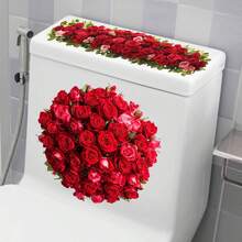 1pc Red Rose Bouquet Waterproof Toilet Sticker, Creative Bathroom Decor Sticker, Enhance Space Atmosphere - Multicolor - View 2