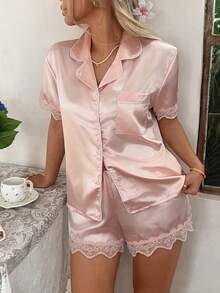 2pcs Women's Solid Color Satin Lace Trim Short Sleeve Collared Top And Bow Shorts Pajama Set - Pink - View 1