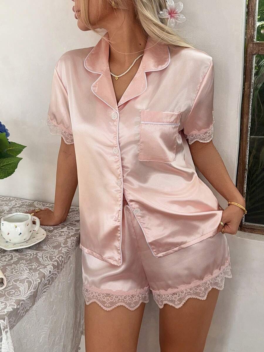 2pcs Women's Solid Color Satin Lace Trim Short Sleeve Collared Top And Bow Shorts Pajama Set - Pink - View 1