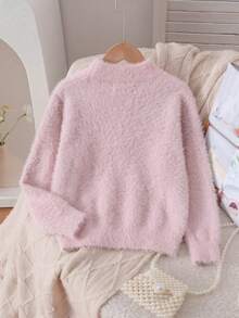 Sweater Rajut Pullover Bulu Imitasi Motif Kucing Lucu untuk Anak Perempuan, Cocok untuk Pakaian Kasual Sehari-hari di Musim Semi, Gugur, dan Dingin - Berwarna merah muda - View 4