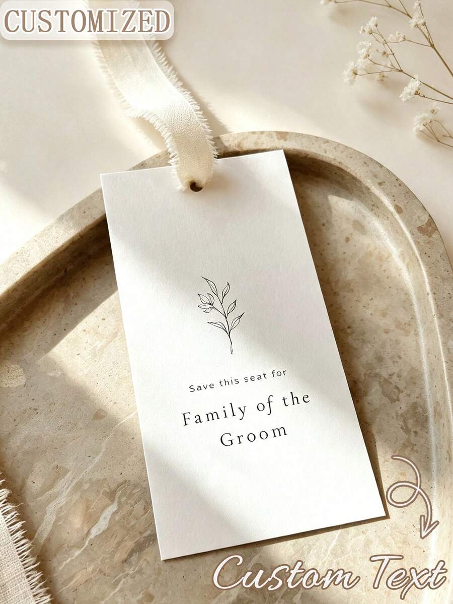 Customized Text Wedding Reserved Seat Tags, Minimalist Botanical Line Art Save The Date Chair Back Hanging Cards, Personalized Wedding Ceremony Seat Labels With Silk Ribbon, Wedding Reception Reserved Seat Cards For Bride, Groom, Family And Guests - Multicolor - View 1