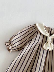 Miniweenns 1pc Baby Girls College Style Ruffle Bow Vertical Stripe Vintage Princess Long Sleeve Dress, Spring/Autumn Back To School Season - Khaki - View 10