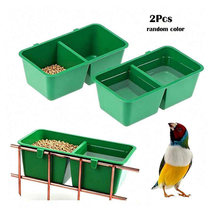 2pcs Dual-Compartment Bird Food Bowl, Bird Cage Rabbit Cage Bird Feed Trough, Bird Feed Container, Bird Supplies, Wire Cage Universal, Random Color