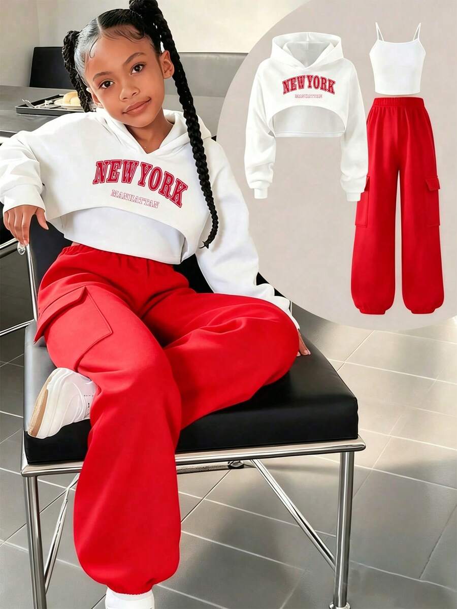Girls Casual Loose Letter Print Hoodie, Knitted Camisole And Red Knitted Cargo Pants, 3 Pieces Set Suitable For Spring, Autumn And Winter - Red - View 1