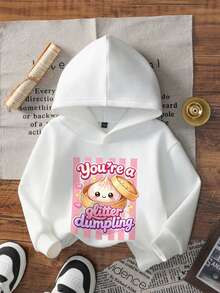 Girls Cute Glitter Dumpling Cartoon Print Hoodie, Casual Soft Long Sleeve Pullover For Little Young Girl - White - View 4