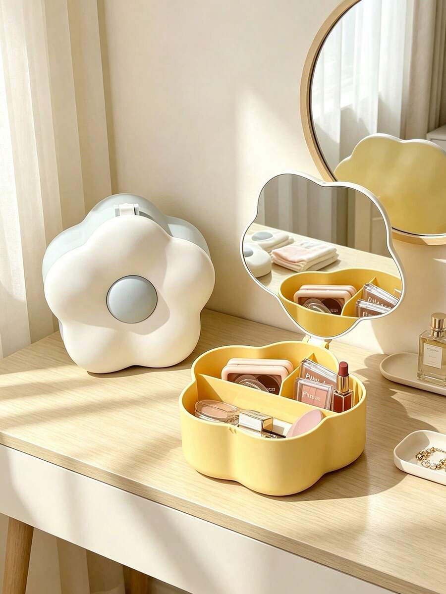 1pc Ins Style Floral Foldable Makeup Mirror With Multi-Compartment Storage, Luxury Cute Vanity Mirror, Large Capacity Dust-Proof Storage Space, Suitable For Desktop, Dorm And Vanity Table Jewelry & Cosmetics Organizer