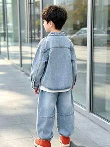 Boys' Autumn Loose Fit All-Over Print Long Sleeve Denim Jacket & Denim Pants 2 Pieces Set, Suitable For Back To School, Daily Wear And Outdoor Activities - Baby Blue - View 2