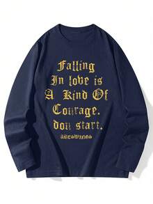 Women's Round Neck Long Sleeve T-Shirt, Spring/Autumn New Letter Print, Fashion Casual Versatile Loose Top - Navy Blue - View 3