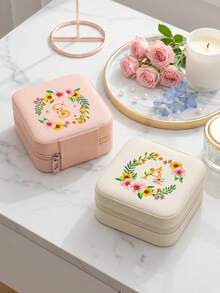 1pc Small Portable Jewelry Organizer Box.Can Be Used As A Feminine Jewelry Storage Box.Floral Initials Women's Jewelry Box.Small Item Storage Bag. - Flowers - View 2