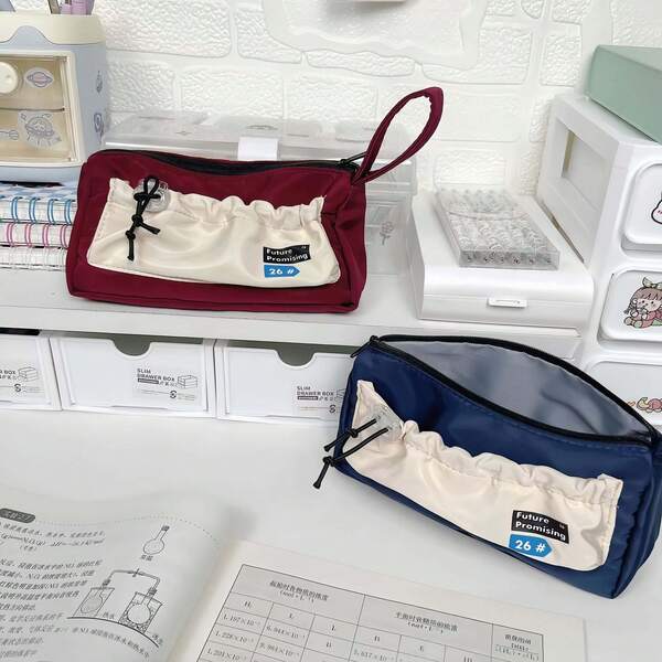 Vintage Navy Blue Drawstring Buckle Side Strap Single Zipper Large Capacity Storage Bag, Rectangular Handheld Stationery Pouch, Beige Front Panel English Letter Label Pencil Case, Suitable For Students' Daily School Learning And Back To School Birthday Holiday Gifts