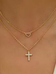 QTHOPE Double Layer Necklace With Cross And Heart Pendant, Suitable For Girls Daily Wear - Yellow Gold - View 6