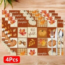 1pc/4pcs/6pcs, Pumpkin Pattern Printed Linen Placemats, Rectangular Table Mats, Washable, Easy To Clean, Plate Mats, Bowl Mats, Western Style Placemats, Suitable For Kitchen, Dining Room, Home Gatherings, Coffee Table And Daily Table Decor - Multicolor - View 15