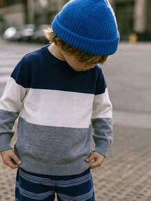 Sweater Pullover Bergaris Warna Blok Gaya Preppy untuk Anak Laki-laki, Cocok untuk Sekolah, Musim Gugur dan Musim Dingin - Navy Blue - View 3