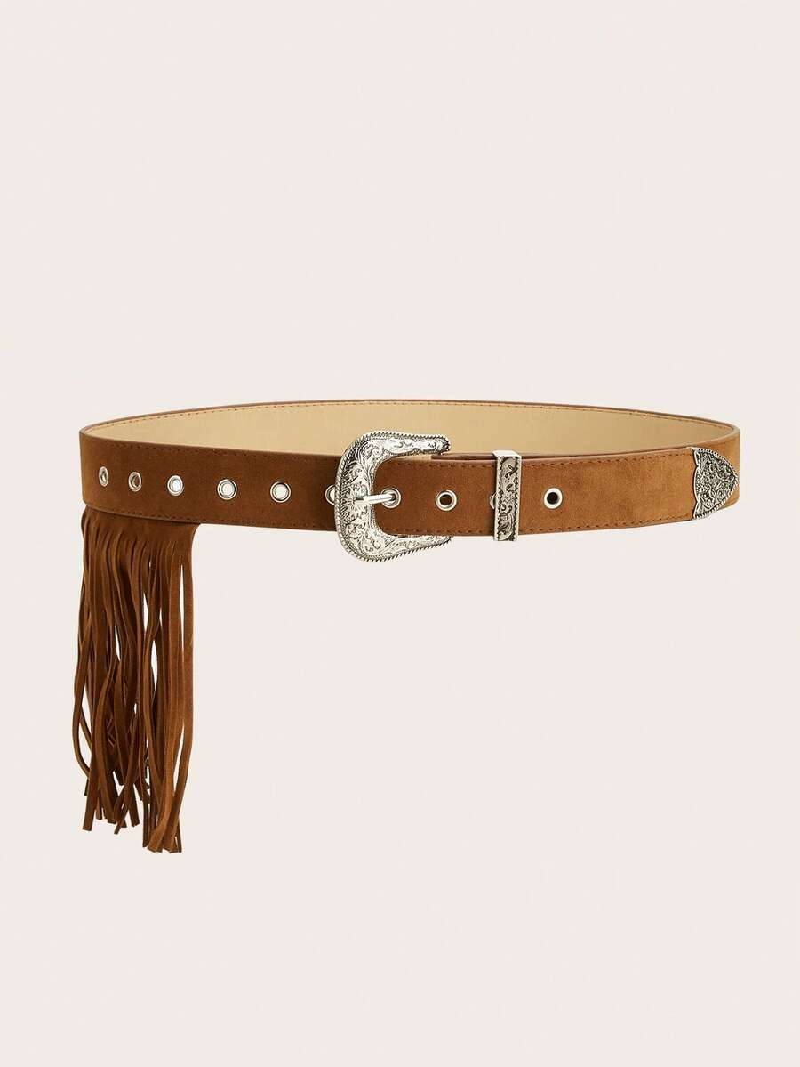 1pc European & American Y2K Bohemian Style Brown Long Tassel Faux Suede PU Wide Belt, Embossed Distressed Silver Metal Buckle And Eyelet Decoration, Vintage Western Streetwear Versatile - Brown - View 1