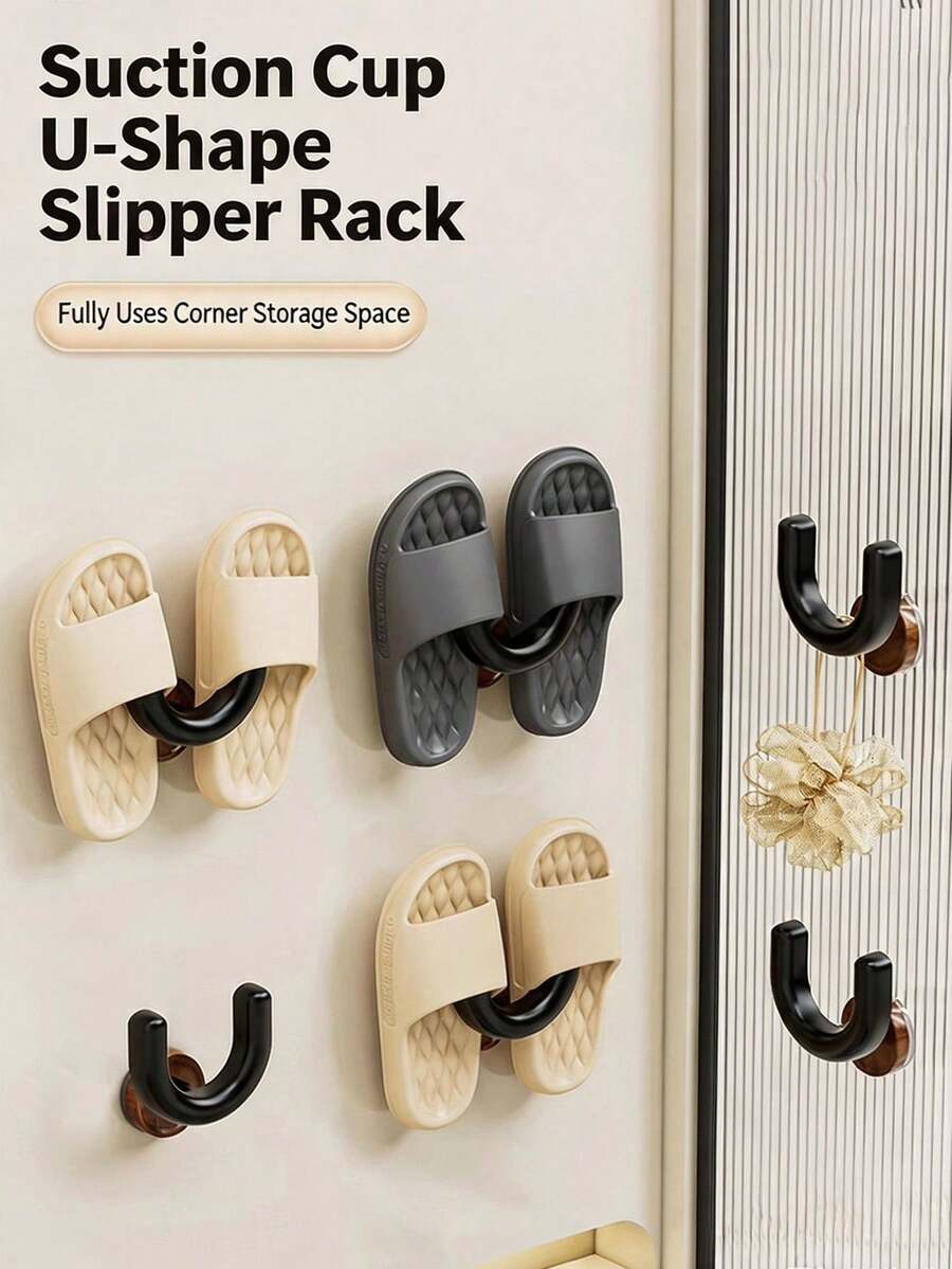 Walnut Color Bathroom Slippers Rack, No-Drill Wall-Mounted Suction Cup Slippers Holder, Toilet Bathroom Storage Shelf - Multicolor - View 1