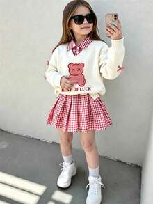 Toddler Girl Cartoon Bear Print 2 In 1 Long Sleeve Top And Plaid Skirt - Apricot - View 7
