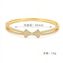 1件裝 銀色雙心開口手鐲，密集鑲嵌閃亮水鑽設計手鍊，女性日常約會派對飾品禮物 - 金色 - 查看 2