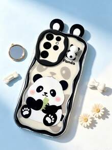 1 Stück asymmetrische transparente Luxus UV-lackierte Cartoon Panda Muster DIY Panda Ohren niedliche erhöhte Kante Anti-Sturz Handyhülle kompatibel mit Apple Handy 17 16 15 14 13, S26 Plus/S25Edge/S24/S23/S22 Ultra - transparent ch - Übersicht 6