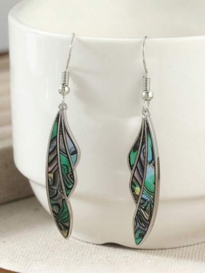 1 Pair Vintage Bohemian Long Leaf Pendant Earrings For Women, Silver-Tone With Abalone Shell Inlay, Teardrop Ear Jewelry, Beach Party Gift
