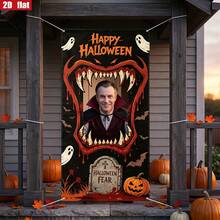 2d Plane Halloween Giant Fangs Rectangular Hollow Frame Photo Background Banner Thickened Polyester Fabric Size, Very Suitable For Indoor And Outdoor Door Flag Background, Room Decoration Hollow Door Flag Background. - 1 - View 3