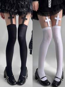 1/2 paires de bas cuissardes gothiques à croix, chaussettes noires/blanches souples et extensibles auto-tenant au-dessus du genou pour Lolita, rue, fête & port quotidien - Multicolore - Voir 16
