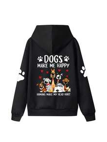 1件女款黑色短版寬鬆連帽衛衣，背面與袖子印有狗爪圖案及「Dogs Make Me Happy」標語，寵物愛好者衛衣 - 黑色 - 查看 3