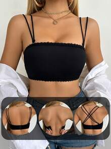 3 Pieces Set: Black Lace-Trimmed, Band-Neck, Strapless Body-Shaping Lingerie With Built-In Cups And Detachable Shoulder Straps For Women. - Black - View 4