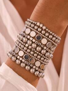 12pcs Fashion Elegant Versatile CCB Geometric Round Bead Square Star Elastic Beaded Bracelet Set Suitable For Women's Daily Commute And Party Wear - Silver - View 4