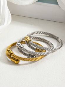 1pc Stainless Steel Twisted Rope Design Bracelet, Unisex Stackable Couple Gift For Couples's Birthday - Szgss007 - View 3