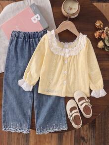 2pcs Girls Fresh Sweet Style Hollow Lace Trim Square Neck Long Sleeve Cardigan Top With Embroidered Hem Straight Leg Denim Jeans Set, Spring/Autumn - Gold - View 4