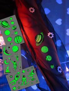 zillor 12 Sheets Luminous Astronaut Space Travel Temporary Tattoos, Glow In The Dark Planet Outer Space Travel Astronaut Spacecraft Rocketship Stars Patterns, Birthday Party Favors Supply, Decoration At Music Festival Parties & Nightclub, Lasting 2-5 Days - Green - View 4