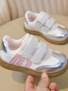 1 Pair 2026 Girls' Striped Patchwork PU Suede Round Toe Double Hook & Loop Flat Training Shoes, Suitable For School Daily Wear - Silver - View 9