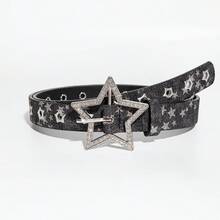 1件女款Y2K星系列星形水鑽刻花金屬扣鏤空星形設計腰帶，牛仔褲配件，適合日常穿著 - 黑色牛仔布 - 查看 8