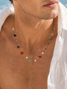 1pc Bohemian Natural Crushed Stone & Pearl Choker Necklace, Colorful Raw Stone Pendant Fine Chain Necklace, Beach Vacation Style Men's Neck Chain - Gold - View 2