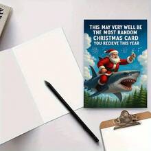 [Christmas Shark Greeting Card] 1pc Unique & Fun Christmas Card - Santa Riding A Shark With Test Tubes, Perfect For Science Enthusiasts, Friends And Colleagues, Holiday Greetings, Featuring Christmas Hat And Glasses Design, Ideal For Christmas Celebrations - Sets - View 7