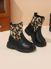 1 Pasang Sepatu Bot Anak Chelsea Ankle Boots Motif Leopard Patchwork Gaya Korea dengan Resleting Dalam, Sol Tebal, Cocok untuk Sehari-hari di Musim Semi dan Gugur - Coklat - View 5