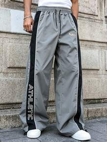 1pc Men's Sporty Lightweight Wide Leg Pants, Side Contrast Color Letter Print Light Gray Woven Convertible Hem Casual Long Pants - Black - View 2