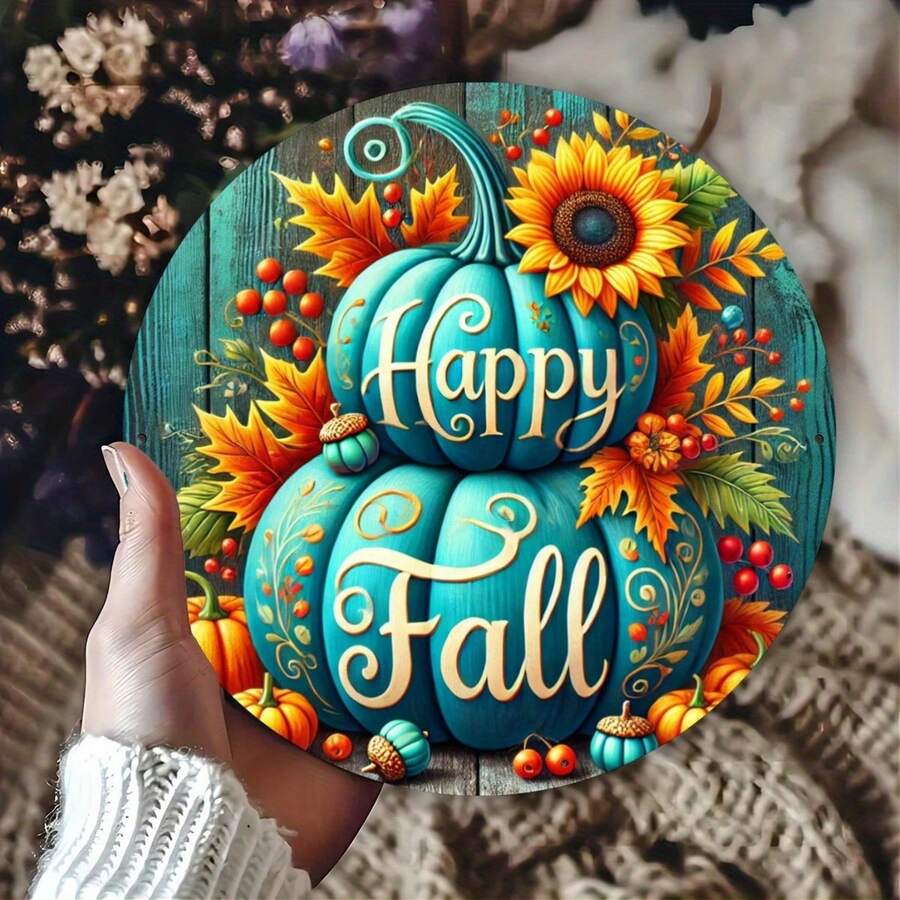 Cheerful Autumn Pumpkin And Sunflower Design, 8x8 Inch Round Iron Wall Decor, Flat Printed Metal Sign, Suitable For Bar, Cafe, Club, Kitchen - Autumn Harvest Theme Iron Wall Hanging Decorative Sign (Random Hole Position) - A - View 1